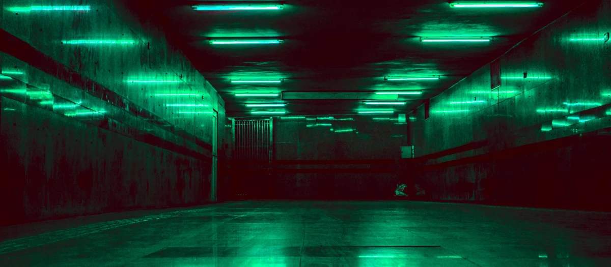 An empty room with no windows painted in dim green neon light.
